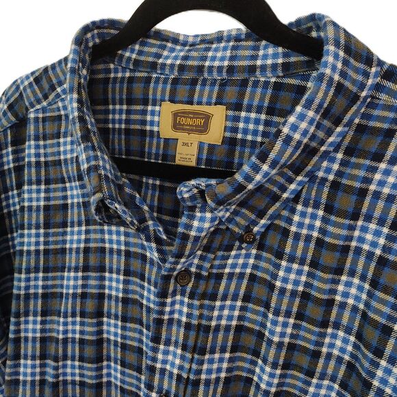 Foundry Cotton Flannel 3XLT Long Sleeve Button Down Men's Blue Plaid Shirt - Picture 1 of 5